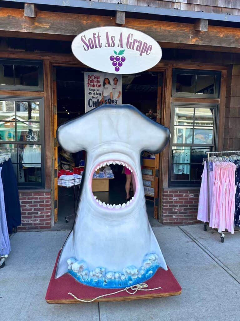 A storefront display at "Soft As A Grape" featuring a large shark head with its mouth wide open, designed as a photo opportunity for visitors. The shark is mounted on a base with blue waves, simulating the ocean. The entrance to the store is visible behind the shark, with a sign above the door displaying the store's name and logo, which features a cluster of grapes. Clothing racks with apparel flank the entrance on either side.