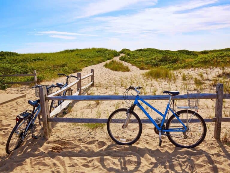 Two blue bicycles leaning against wooden fence at beach path entrance. Sandy trail winds through grass-covered dunes toward bright blue summer sky