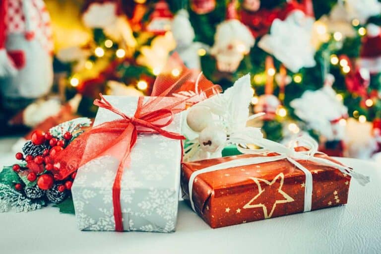 Two beautifully wrapped holiday presents, one in a white paper with snowflake designs and a red ribbon, and the other in festive red paper with gold stars and a white ribbon, set against a backdrop of a warmly lit, decorated Christmas tree. The scene is accented with red berries and frosted pine cones, evoking a cozy, festive atmosphere. This is the cover photos for the Martha's vineyard gifts holiday gift guide