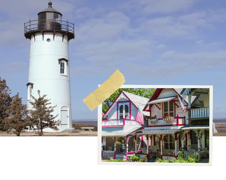 image of a lighthouse and gingerbread cottages on martha's vineyard
