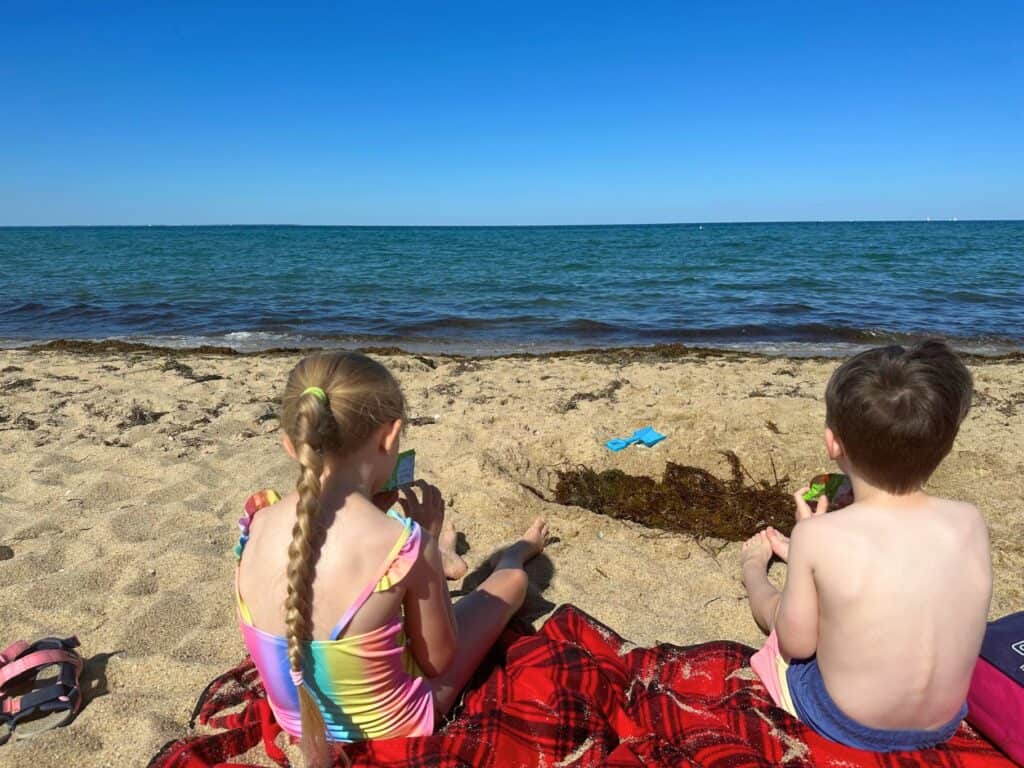 two children sit on a black and red beach blanket on the sand with their backs to the camera, looking toward the ocean